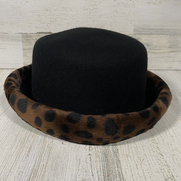 Vintage Wards Black 100% Wool Fedora Hat Cheetah Print Roll Up Trim Brand New - Picture 1 of 5